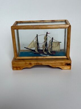 Vintage Miniature Ship in Glass Display - Natural Wood Frame